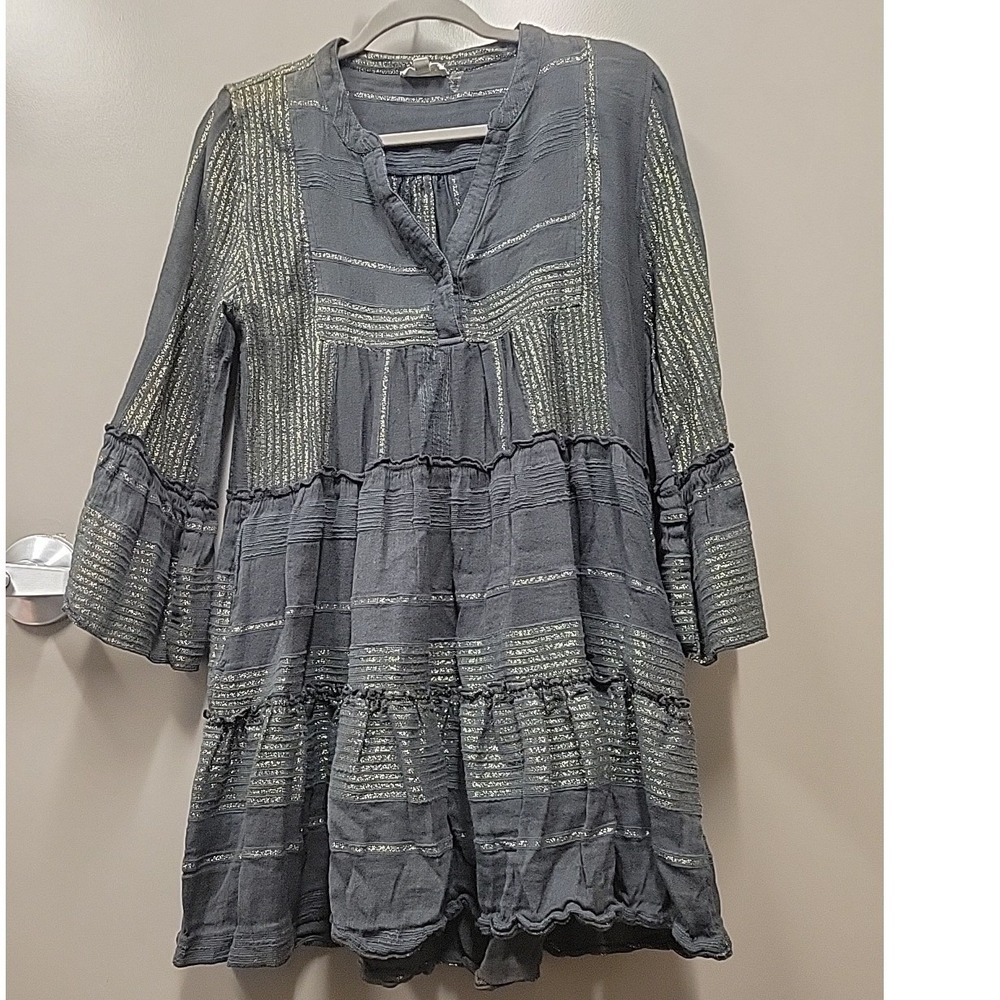 Elan Charcoal Grey Gold Metallic Tiered Boho Mini Dress CRM5570 Sz M